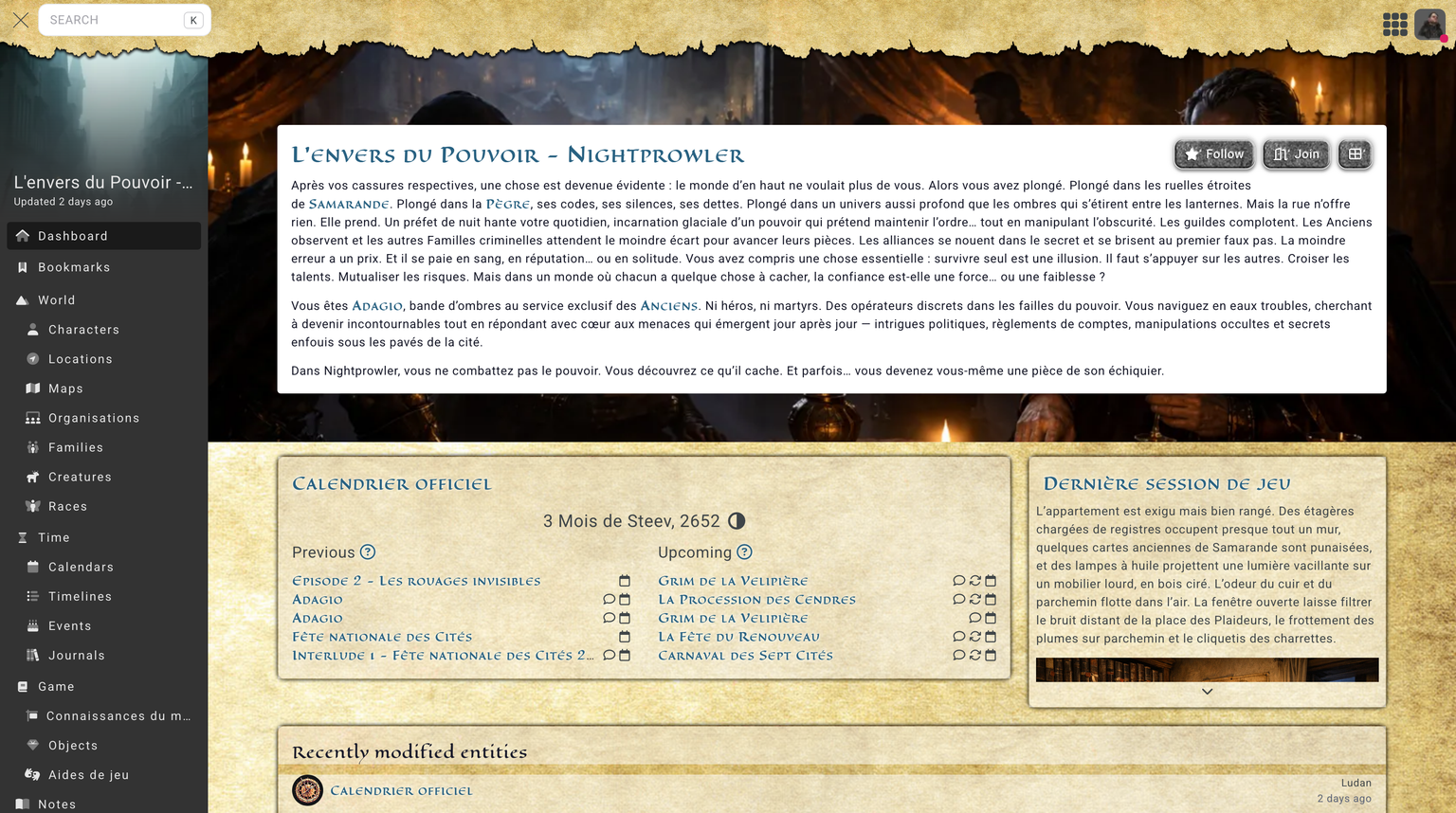 Kanka campaign dashboard showing organized panels for characters, locations, and quests