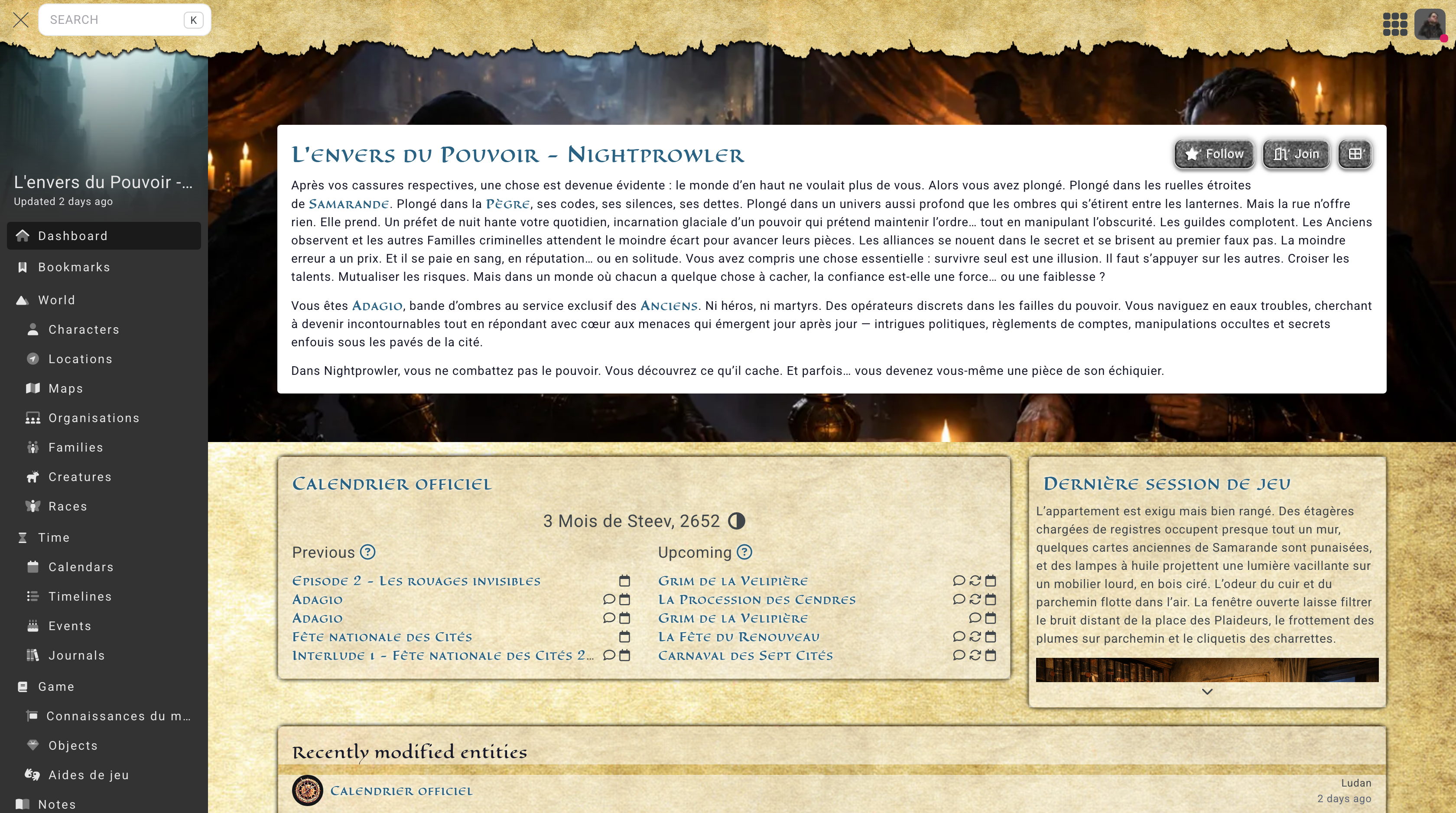 Kanka campaign dashboard showing organized panels for characters, locations, and quests