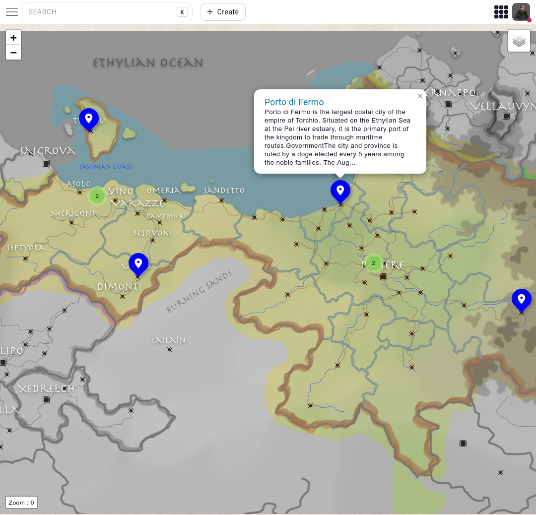 Kanka interactive map with pinned locations linked to worldbuilding entities